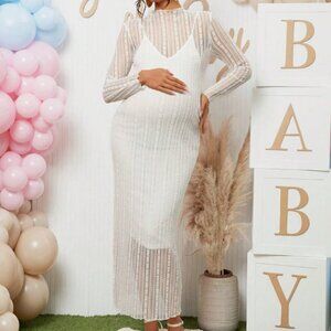 Women's Solid Color Long Sleeve Elegant Lace Design Fitted Maternity Dress